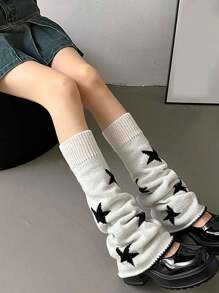 1 Par De Polainas Tejidas Gruesas Con Patrón De Estrella Y Acampanadas Para Otoño E Invierno - Blanco - Ver 5