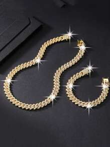 kuuioe 1pc Europe And America Street Style Full Rhinestone Chain Golden Necklace, Bracelet For Men And Women, Chic Collarbone Accessory - Yellow Gold - View 4