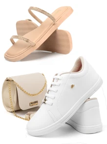 Tênis Casual Branco Feminino Sandália Papete Strass Brilhante + BolsaTransversal