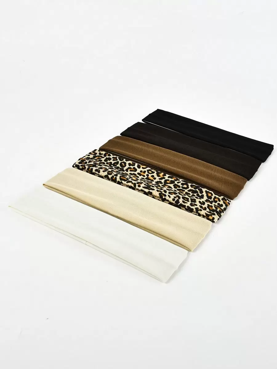 6pcs Women's Elastic Leopard Print & Solid Color Flat Headband For Washing Face, Sports Casual Hair Band Turban Headband Sweatband, School Stuff, College, Headbands