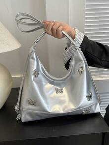 庫巴風格蝴蝶形狀金屬裝飾pu防肩手提袋 - 銀色 - 查看 5