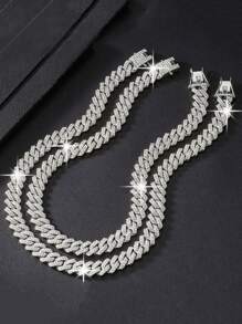 kuuioe 1pc European And American Street Style Full Rhinestone Link Chain Necklace, Bracelet For Men And Women, Fashionable Clavicle Chain - Silver - View 5
