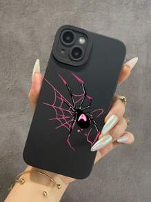 1pc Black Matte Texture Protective Soft Cover With Spider Design And Painted Pattern Anti-Drop Phone Case, Creative Style, Compatible With Iphone - Black - View 2