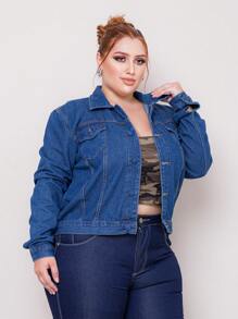 Plus Size Denim Jackets - Azul lavado medio - Ver 2