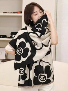 1入女性時尚山茶花印花假絨毛保暖披肩圍巾,適合日常穿著 - 黑色 - 查看 2