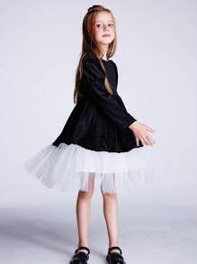 Girls' Patchwork Dress, Autumn And Winter - Black - View 3