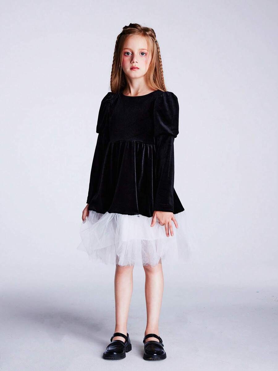 Girls' Patchwork Dress, Autumn And Winter - Black - View 1
