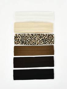 6pcs Women's Elastic Leopard Print & Solid Color Flat Headband For Washing Face, Sports Casual Hair Band Turban Headband Sweatband, School Stuff, College, Headbands