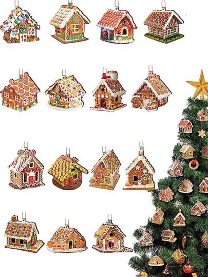 15 pezzi, Decorazioni in legno sospese a forma di casetta di caramelle natalizie, decorazioni per albero di Natale, decorazioni per il cortile, forniture per feste, articoli natalizi, accessori per decorazioni natalizie, decorazioni per il giardino