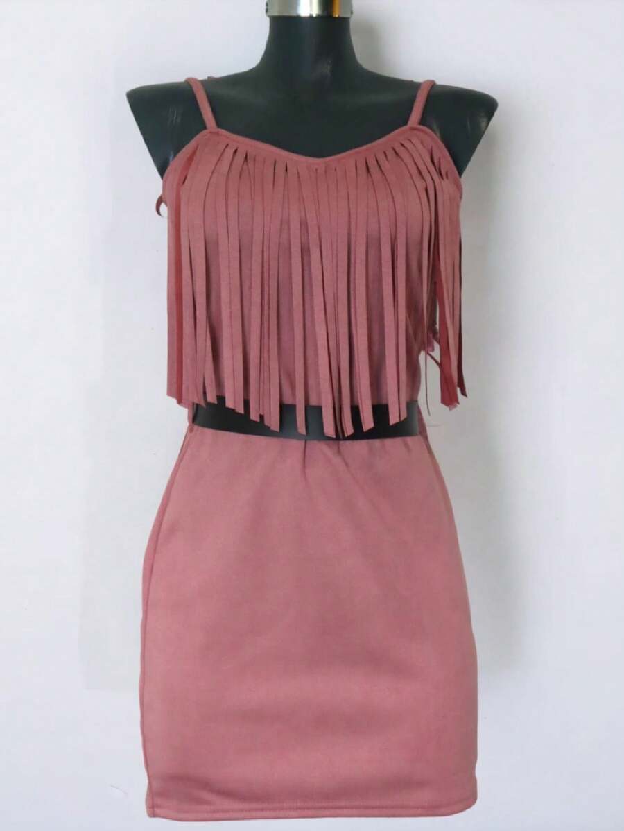 Tight Denim Dress With Front Straps Various Colors - 粉色 - 查看 1