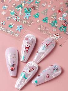 6入組聖誕彩繪指甲貼紙,閃亮燦爛雕花圖案,含雪花手套、羽毛、燈泡、鈴鐺等珠寶圖案,冬季diy雕刻美甲裝飾 - 彩色 - 查看 3