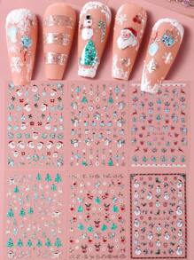 6入組聖誕彩繪指甲貼紙,閃亮燦爛雕花圖案,含雪花手套、羽毛、燈泡、鈴鐺等珠寶圖案,冬季diy雕刻美甲裝飾 - 彩色 - 查看 1