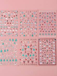 6入組聖誕彩繪指甲貼紙,閃亮燦爛雕花圖案,含雪花手套、羽毛、燈泡、鈴鐺等珠寶圖案,冬季diy雕刻美甲裝飾 - 彩色 - 查看 6