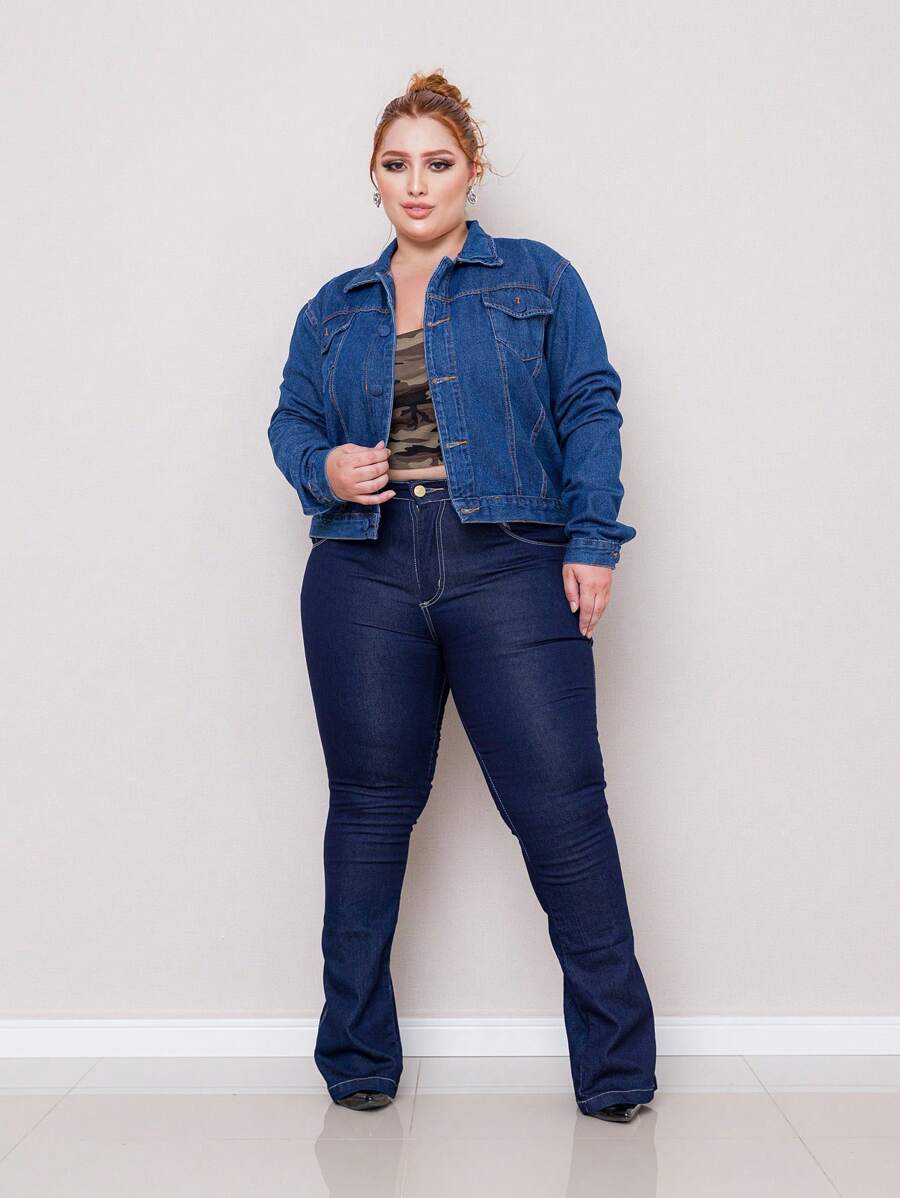 Plus Size Denim Jackets - Rửa trung bình - Xem 1