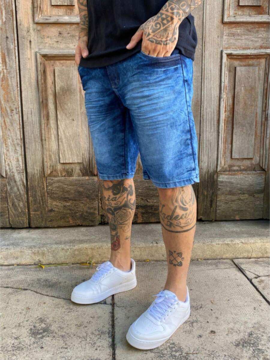 Men Denim Shorts - 深色水洗藍 - 查看 1