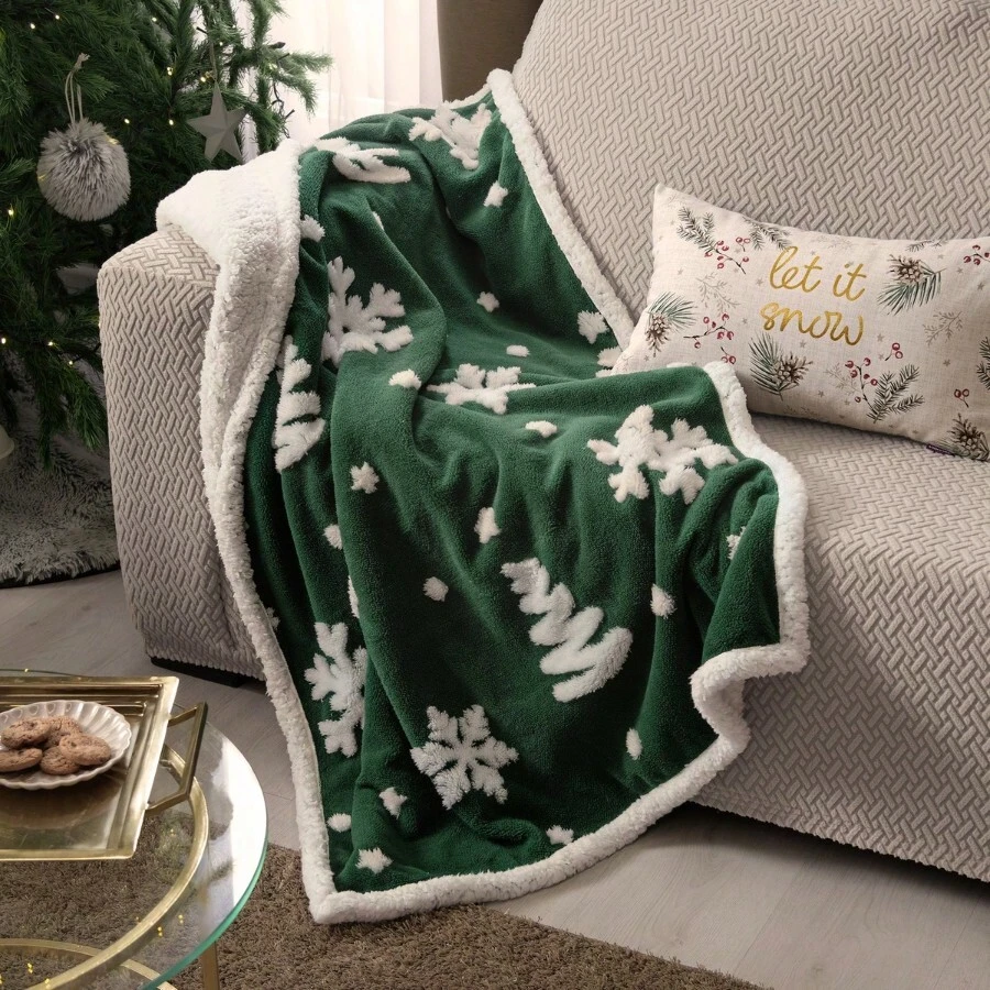 Winter Christmas Blanket With Shearling And Embossed Design - màu xanh lá - Xem 1