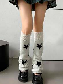 1 Par De Polainas Tejidas Gruesas Con Patrón De Estrella Y Acampanadas Para Otoño E Invierno - Blanco - Ver 2