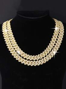 kuuioe 1pc Europe And America Street Style Full Rhinestone Chain Golden Necklace, Bracelet For Men And Women, Chic Collarbone Accessory - Yellow Gold - View 2