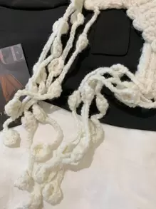 1 Pc Beige Boho Tassels Knitted Vintage Beanie Hat Embroidered Floral Hollow Out Hat Leisure Boho Embroidery Flowers Travel Print Hat For Women Cute Winter Fall