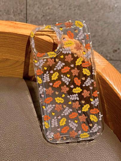 1pc Big Hole Transparent Protective Case With Leaves Pattern, Colored Painting And Vintage Style Anti-Shock Airbag Compatible With Apple Phone