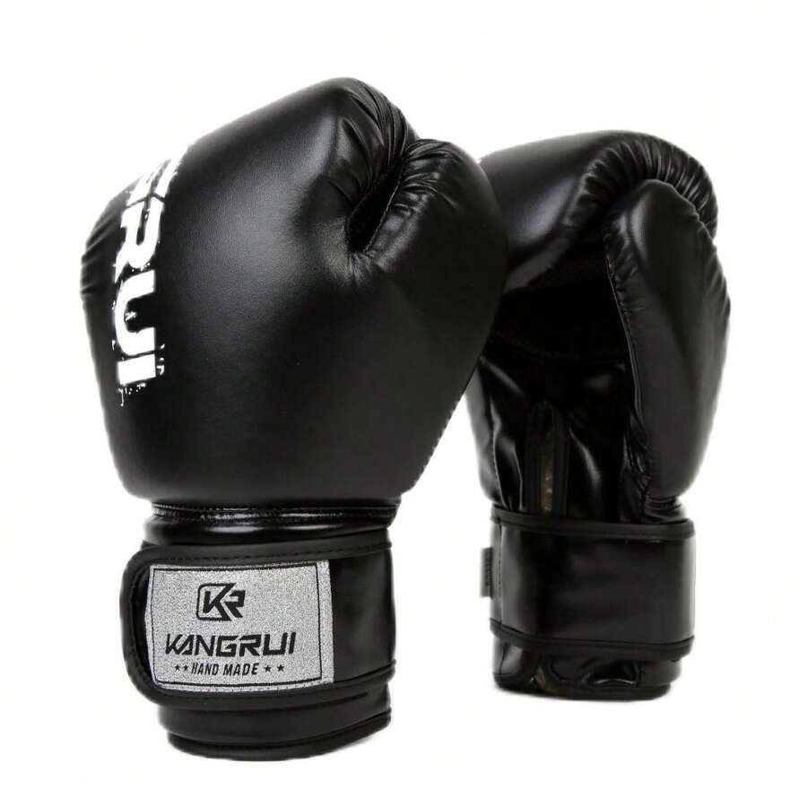 1對專業拳擊手套,黑色pu材質,腕部保護,適用於訓練和俱樂部/比賽 - 黑色 - 查看 1