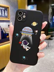 1pc Flying Saucer & Astronaut Theme Matte Black Edge Phone Case Compatible With Apple/Compatible With Samsung/Compatible With Xiaomi/Compatible With Redmi/ Mi/Compatible With Vivo/Compatible With Oppo,International Version, Not The Domestic Version - Black - View 1