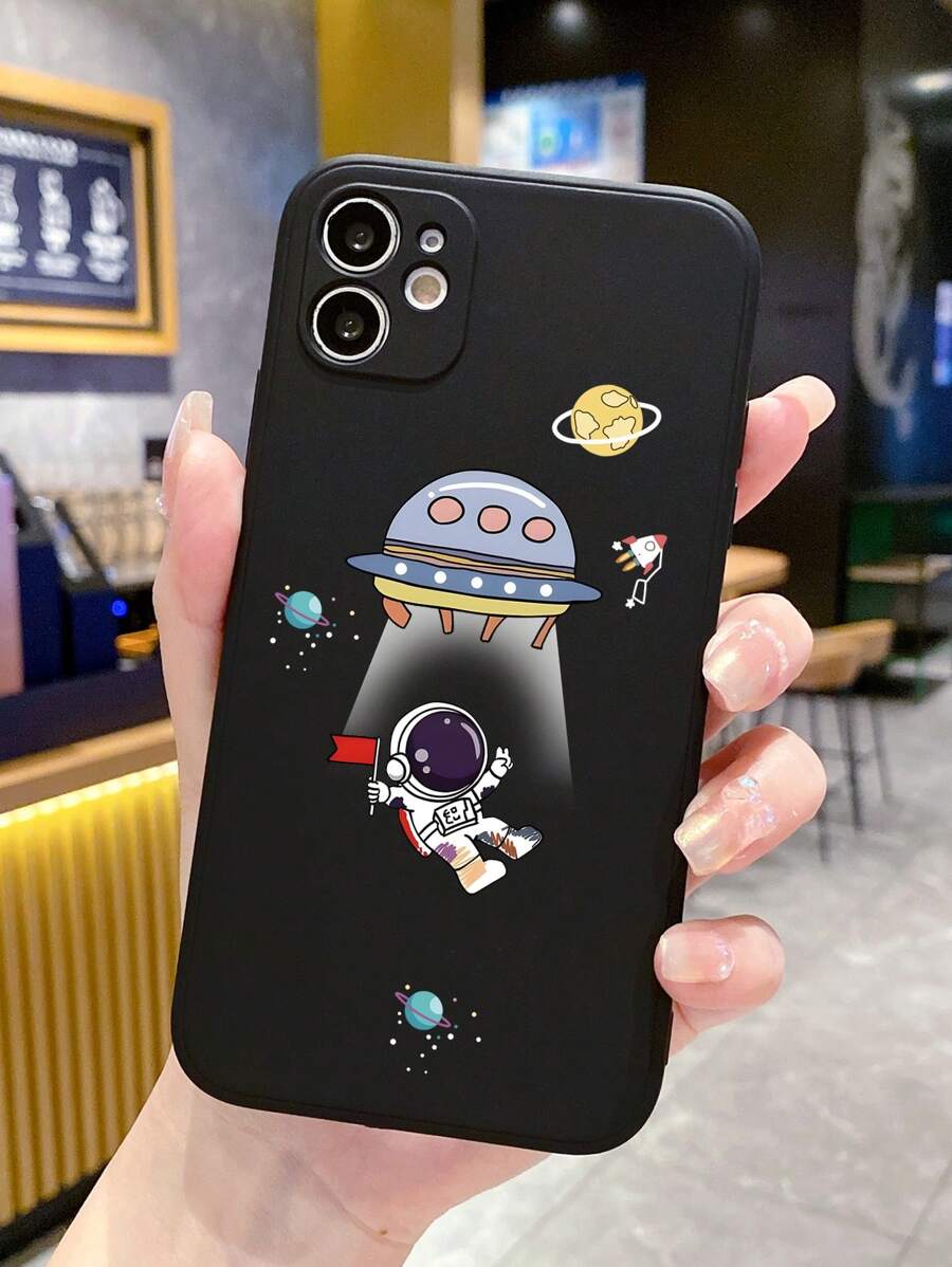 1pc Flying Saucer & Astronaut Theme Matte Black Edge Phone Case Compatible With Apple/Compatible With Samsung/Compatible With Xiaomi/Compatible With Redmi/ Mi/Compatible With Vivo/Compatible With Oppo,International Version, Not The Domestic Version - Black - View 1