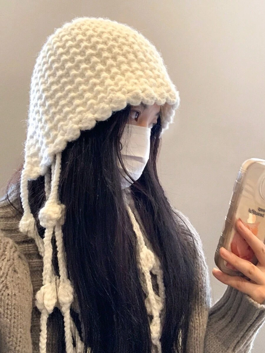 1 Pc Beige Boho Tassels Knitted Vintage Beanie Hat Embroidered Floral Hollow Out Hat Leisure Boho Embroidery Flowers Travel Print Hat For Women Cute Winter Fall