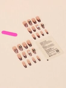 24片棺材形狀法瑞士和蝴蝶結設計假指甲，附1支果凍膠和1個指甲文件，適合派對和日常穿著，瞬間提升您的風格 - 彩色 - 查看 2