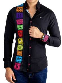 Camisa Hombre Casual Slim Fit Negra Franja Papel Picado Halloween  MR - Blanco - Ver 1