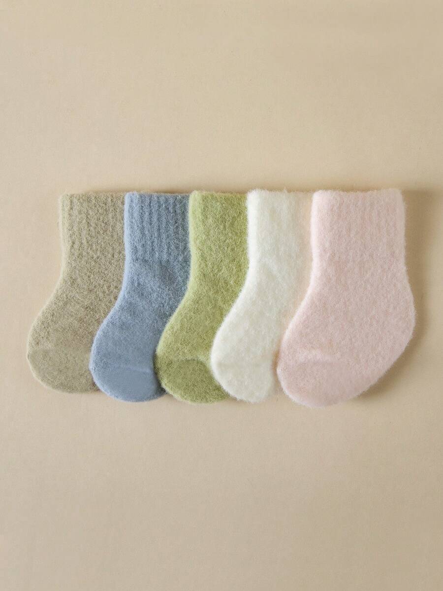 5pairs/pack Children's Thickened Solid Color Mid-calf Socks - Multicolor - View 1
