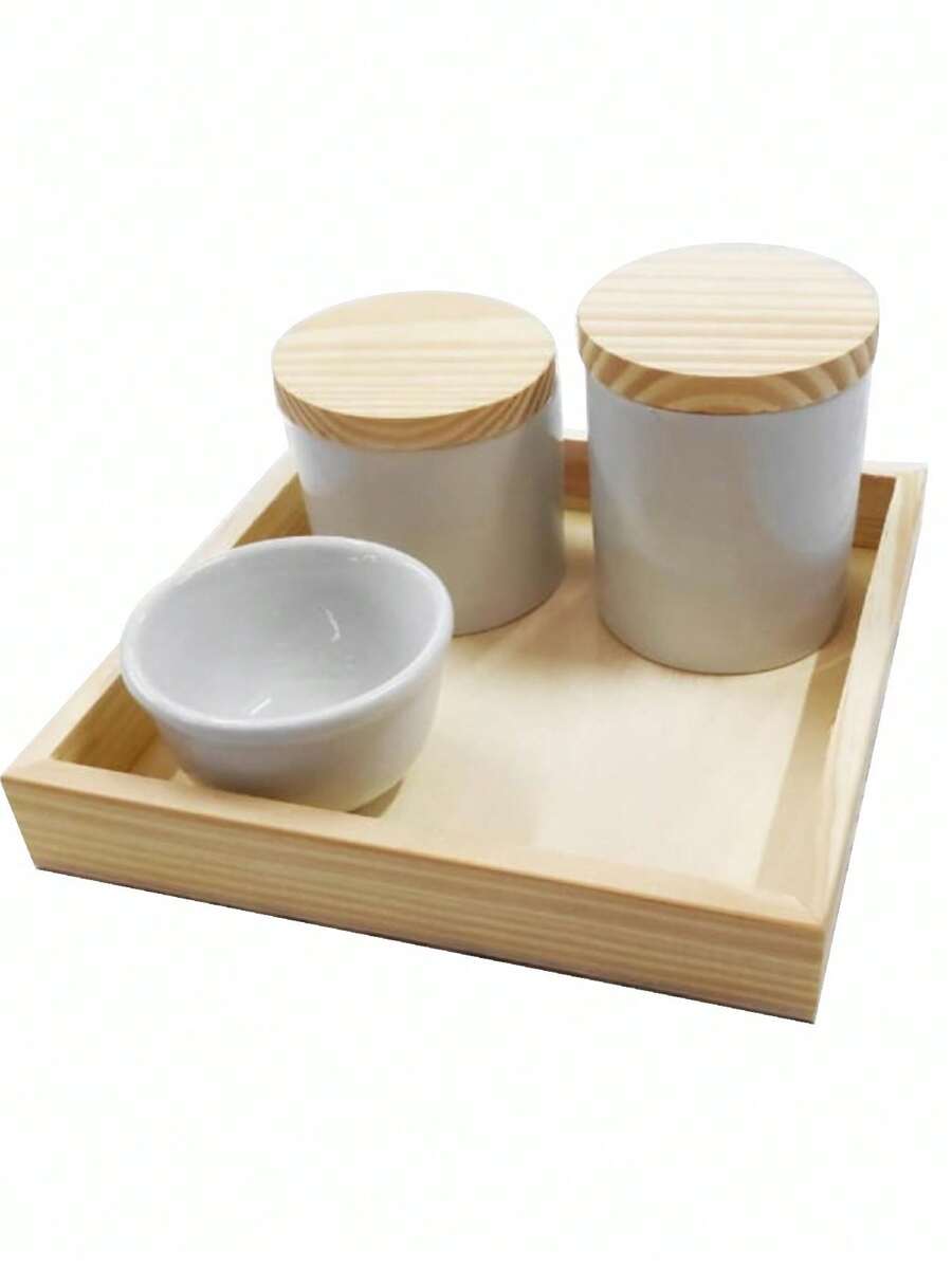 KIT DE HIGIENE PARA BEBÊ COM POTES DE PORCELANA E BANDEJA - Marrom Claro - Visão 1