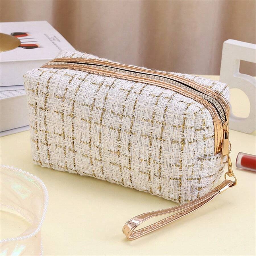 Fashionable Plaid Makeup Bag - Korean Style Large Capacity Portable Toiletry Organizer Clutch For Travel - Multi-Function Cosmetic Storage Pouch Storage Makeup Organizer Makeup Case - White - View 1