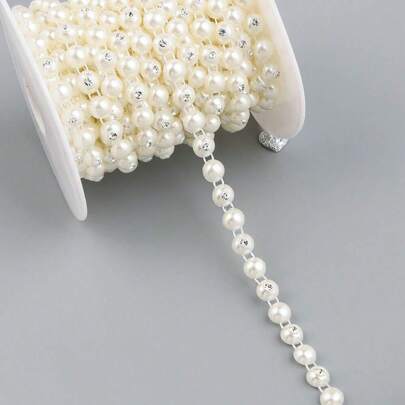 1入組91cm長ABS仿珍珠拉圍邊配圓形鑽石縫紉新娘婚紗裝飾婚禮聚會聖誕節裝飾DIY服飾裝飾