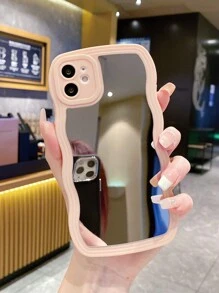 1pc Mirror Surface + Pink Solid Color Wavy Curvy Material Phone Case Compatible With Iphone/samsung/xiaomi/redmi - Pink - View 1