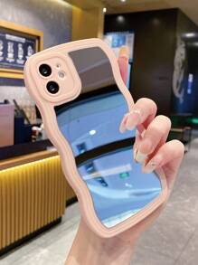 1pc Mirror Surface + Pink Solid Color Wavy Curvy Material Phone Case Compatible With Iphone/samsung/xiaomi/redmi - Pink - View 2