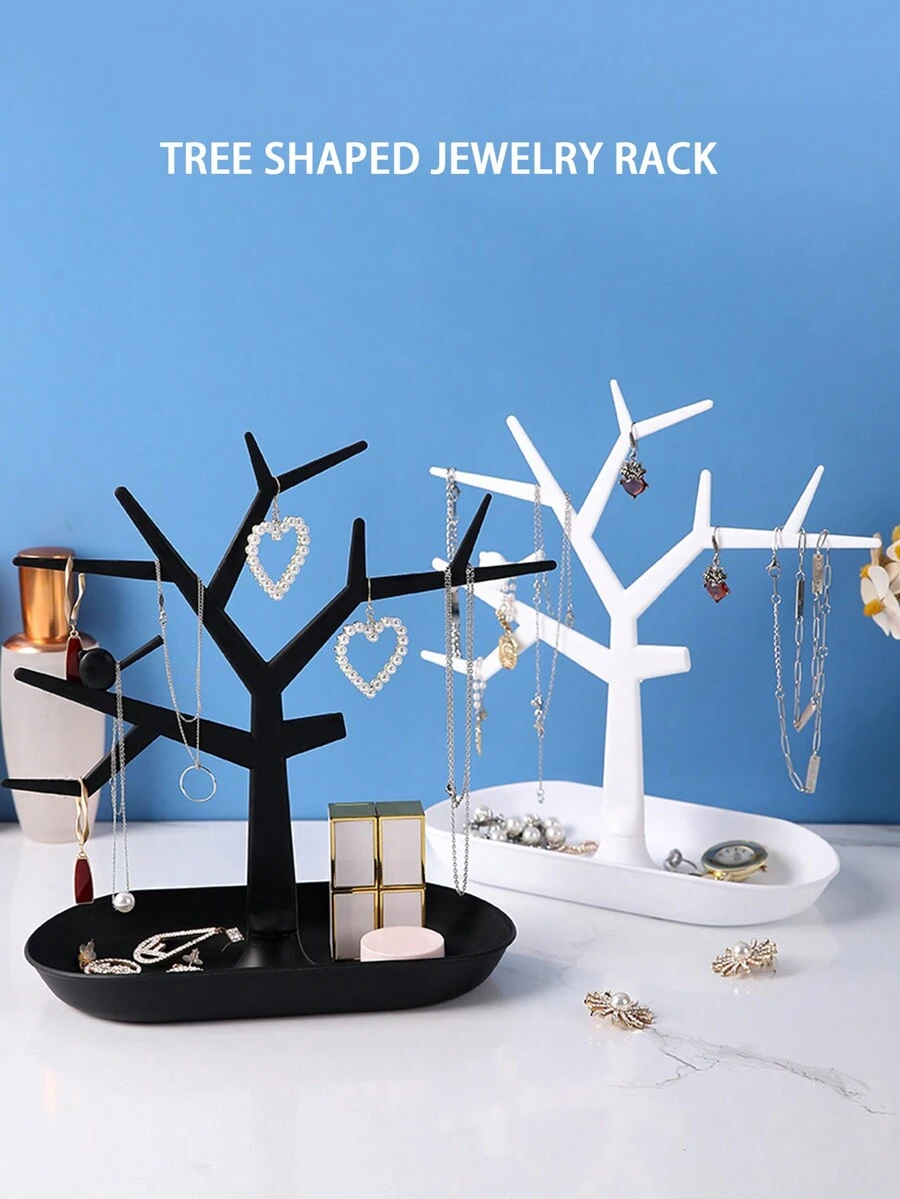 1pc Creative Tree Shaped Lipstick Jewelry Stand With Tray, Bird Tree Design Organizer Display Rack For Home Use - Black - View 1