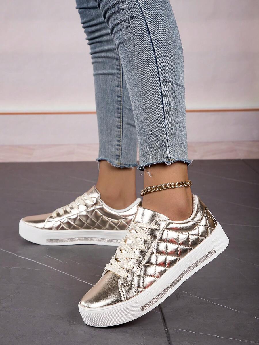 2023 Hàng mới đến Đúng mốt Vàng Giày phẳng Đối với phụ nữ , Chống trượt Bền chặt Giày thể thao Đối với Ngoài trời Và Giải trí Mặc - Vàng - Xem 1