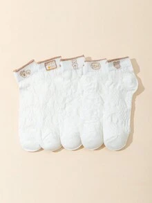 5pairs Cartoon Bear & Letter Embroidered Crew Socks - White - View 3