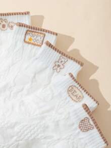 5pairs Cartoon Bear & Letter Embroidered Crew Socks - White - View 2