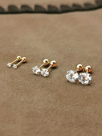 3 Pairs Sparkling Zirconia Stud Earrings Set. Women Simple Classic Shiny CZ Gold Color Cartilage Earrings For women
