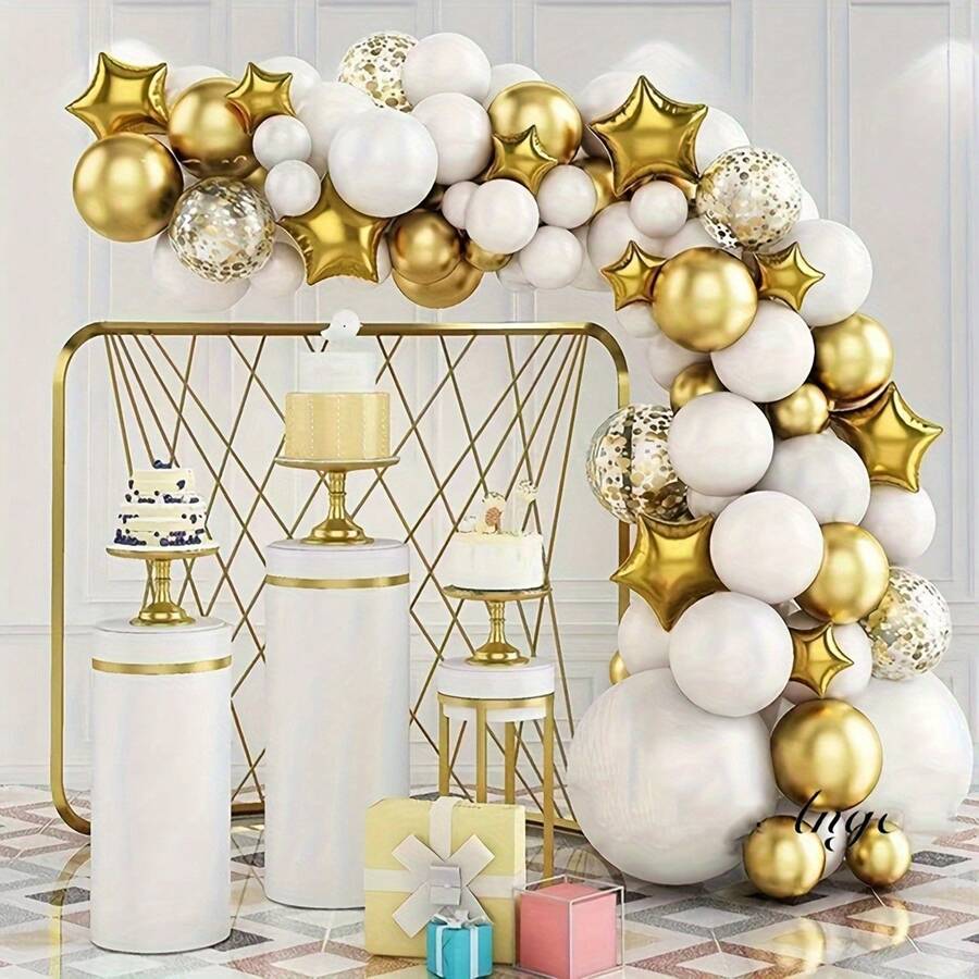 96入組5/10/12英寸白色&金色乳膠氣球,金色紙紙屑氣球,拱形花花環星星氣球適用於生日派對婚禮裝飾