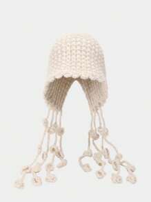 1 Pc Beige Boho Tassels Knitted Vintage Beanie Hat Embroidered Floral Hollow Out Hat Leisure Boho Embroidery Flowers Travel Print Hat For Women Cute Winter Fall