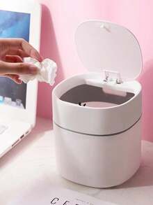 1pc 14cm Mini Desktop Trash Can With Lid For Home Kitchen Office Desk Paper Waste Bin Organizing Storage Container - Navy Blue - View 4