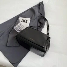 优雅纯色链条包，女士2024新款纹理翻盖大容量通勤单肩斜挎包 - 黑色 - 查看 3