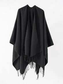 Boho 1pc Fashionable Solid Color Fringe Trim Shawl Ideal For Going Out & Dressing Up Your Look Witch Winter Fall - Black - View 1