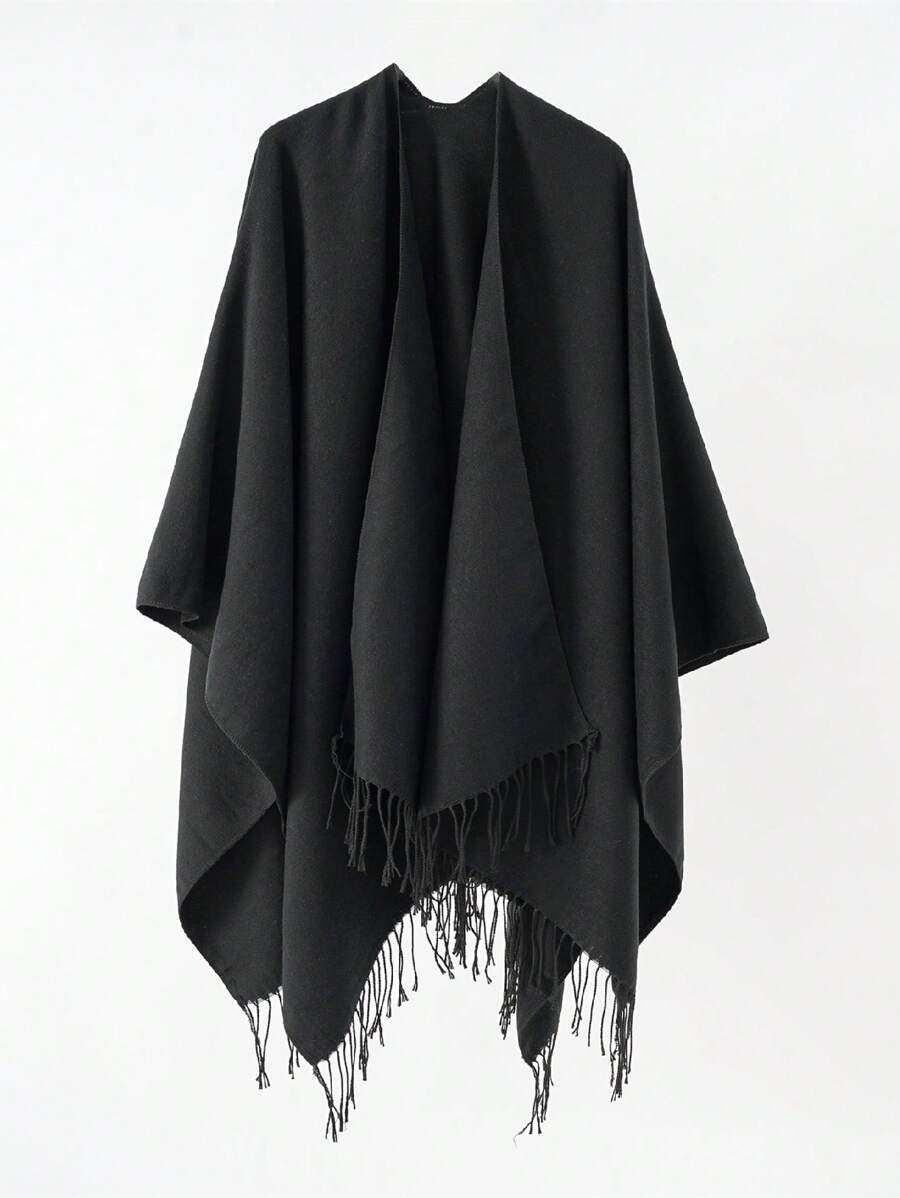 Boho 1pc Fashionable Solid Color Fringe Trim Shawl Ideal For Going Out & Dressing Up Your Look Witch Winter Fall - Black - View 1
