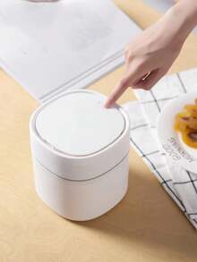 1pc 14cm Mini Desktop Trash Can With Lid For Home Kitchen Office Desk Paper Waste Bin Organizing Storage Container - Navy Blue - View 8