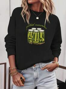 Cucumber Print Casual Round Neck Sweatshirt, Fashionable Thin Round Neck Women's Homewear Top - Black - View 1