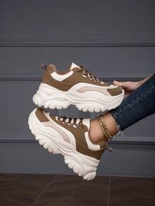 女性加厚厚底厚底運動鞋,2024秋季新品,增高,防滑,耐用,多功能休閒運動鞋 - 卡其色 - 查看 3